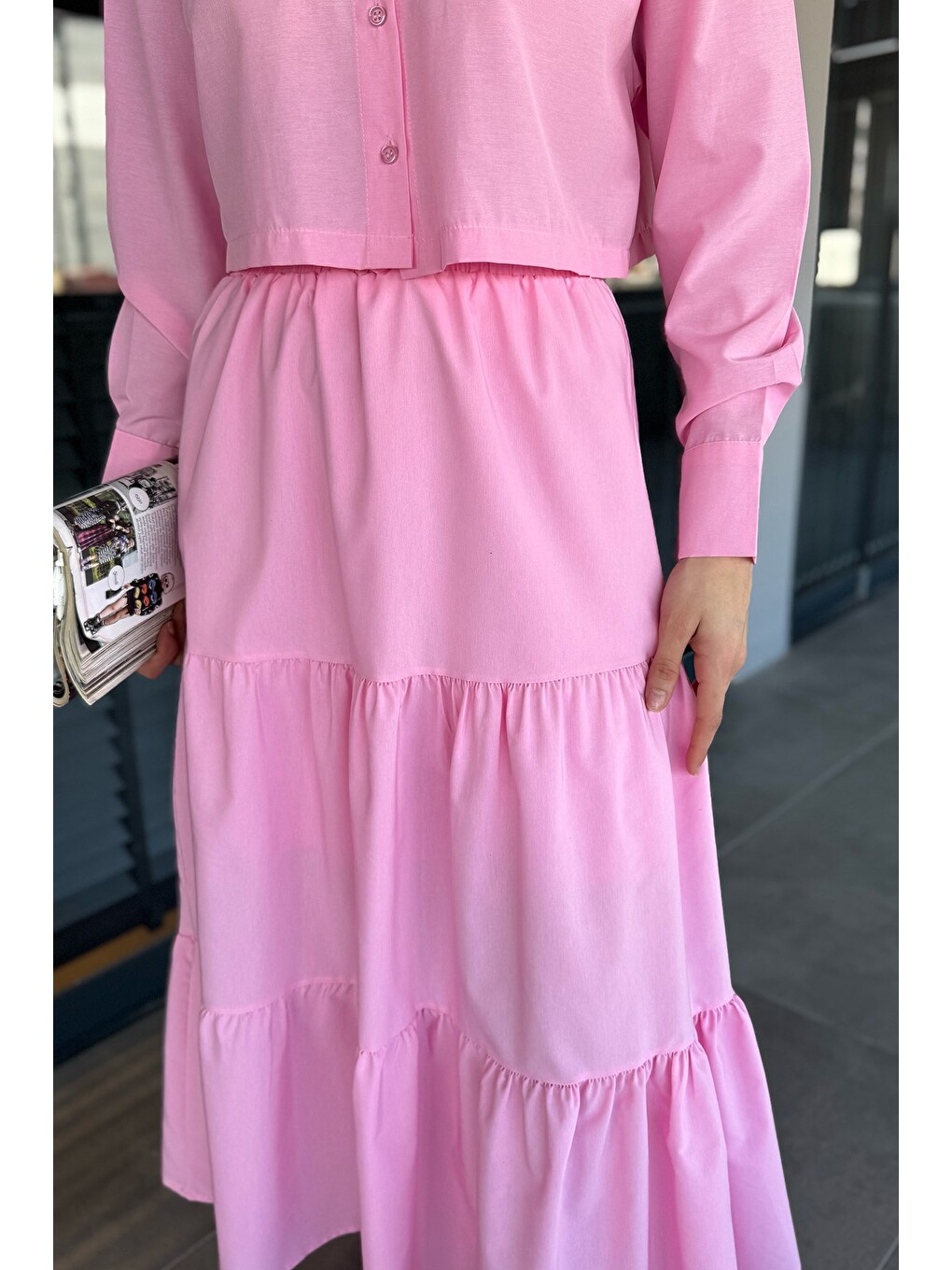 Pembe Kadın Bel Lastikli Pileli Katlı Tesettür Etek-4