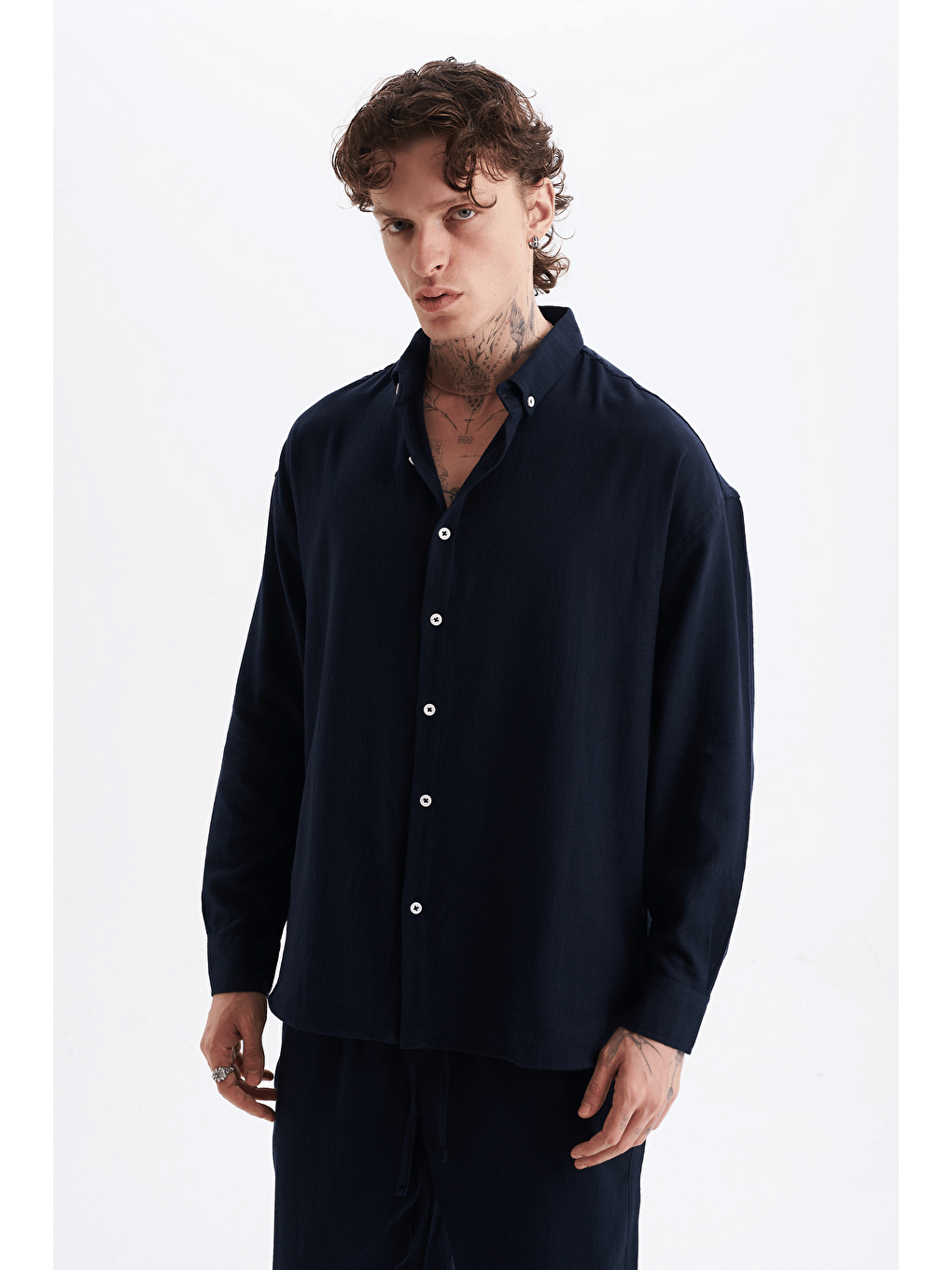 Erkek %100 Pamuklu Keten Görünümlü Pantolon Gömlek Takım Lacivert-4