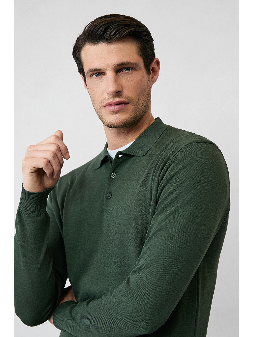 Haki Regular Fit Düğmeli Polo Yaka Triko Kazak