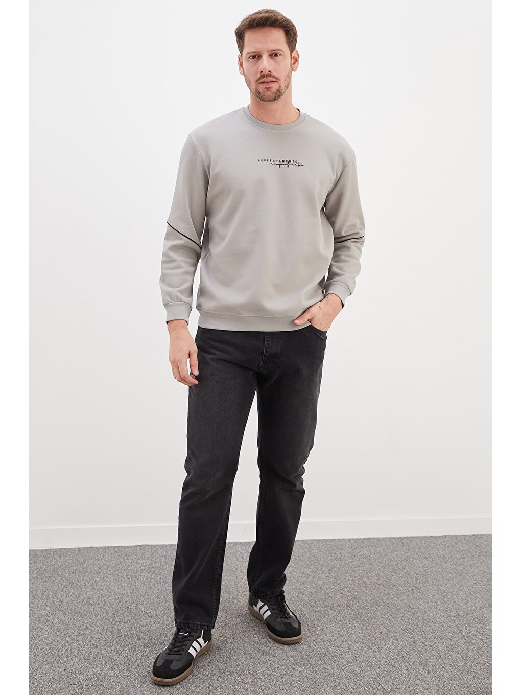 Gri Perfect Baskılı Çizgili Pike Kumaş Sweatshirt-2