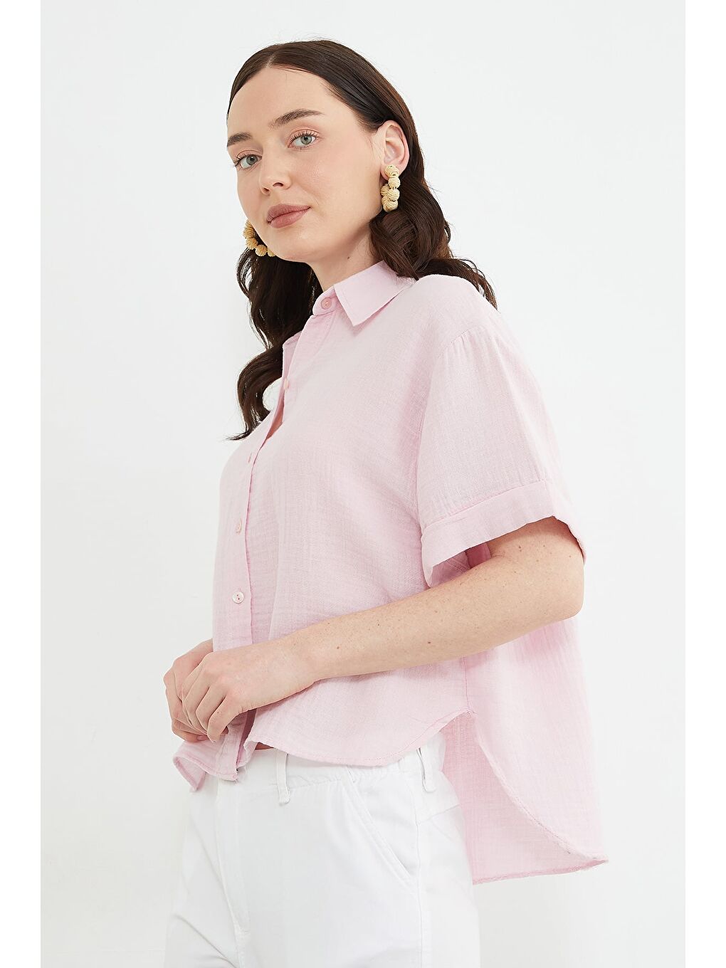 Pembe Basic Kolu Katlı Müslin Kumaş Salaş Gömlek-2