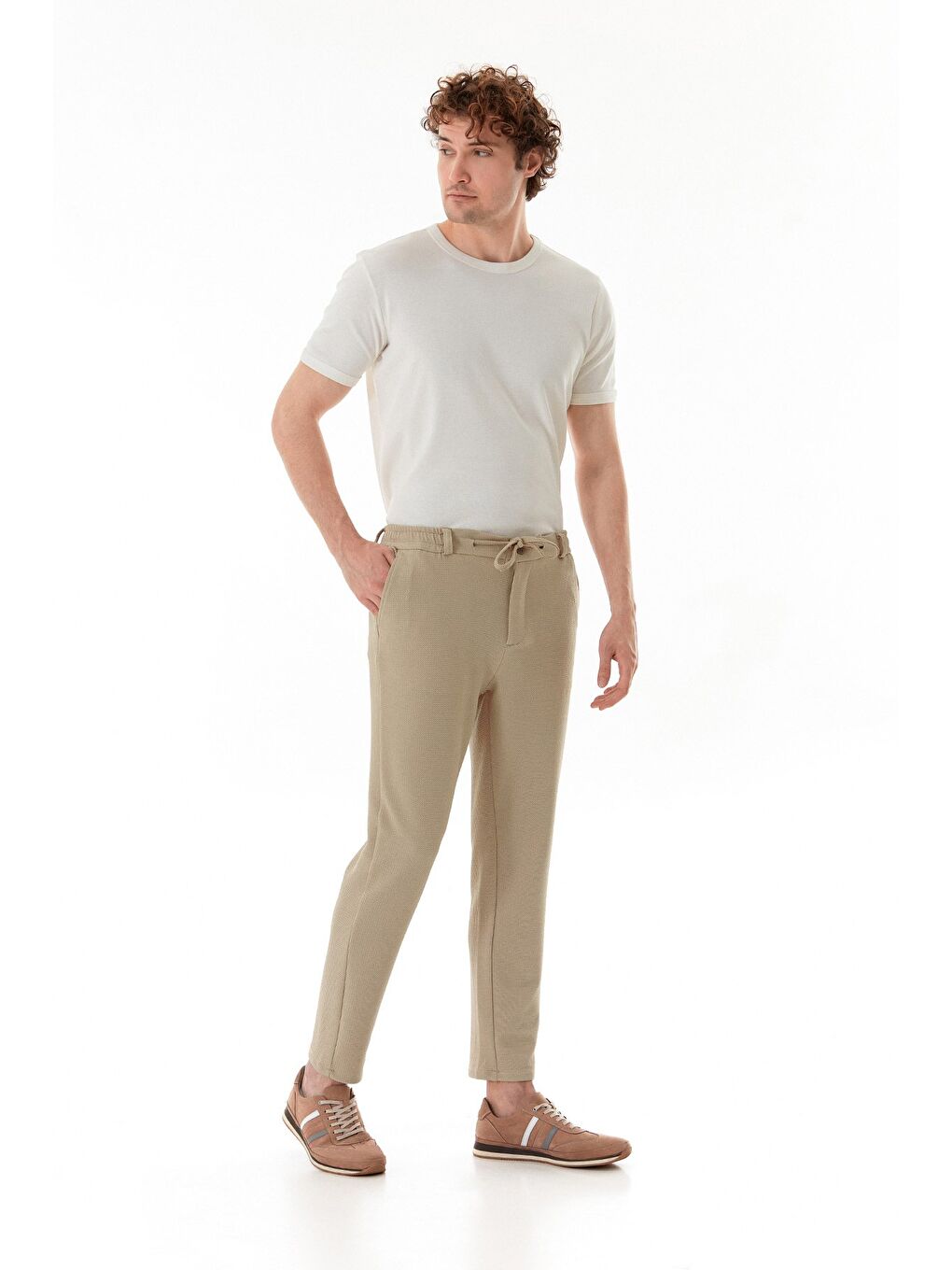 Bej Waffle Kumaş Beli Bağlamalı Jogger Pantolon