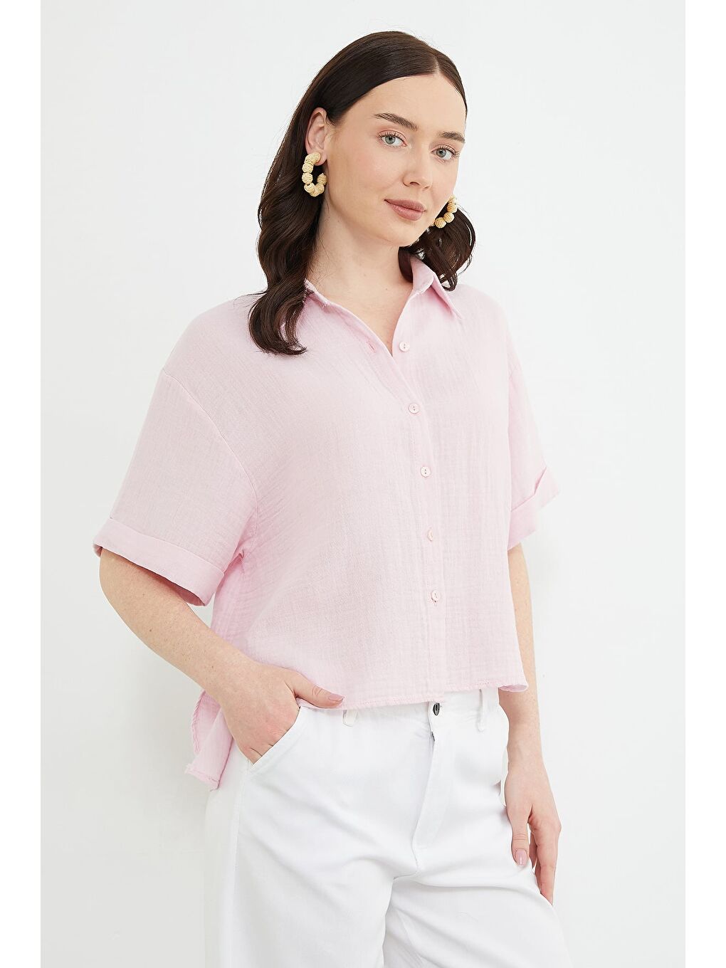 Pembe Basic Kolu Katlı Müslin Kumaş Salaş Gömlek-3