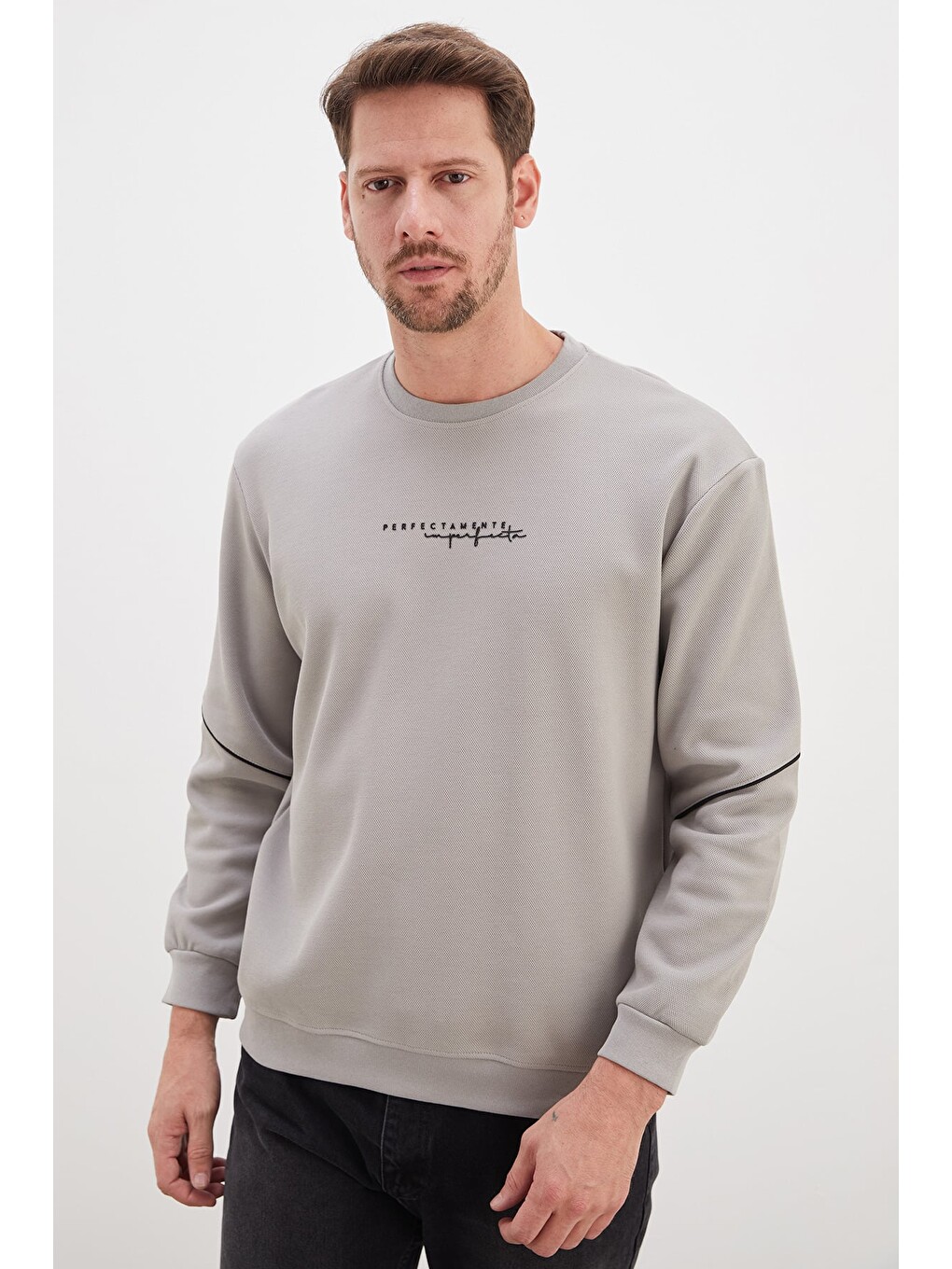 Gri Perfect Baskılı Çizgili Pike Kumaş Sweatshirt-4