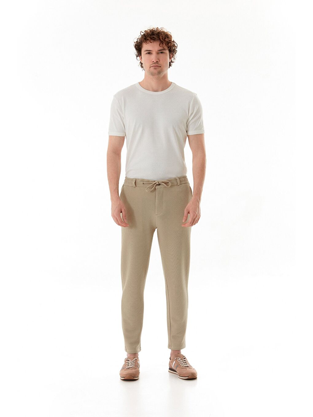 Bej Waffle Kumaş Beli Bağlamalı Jogger Pantolon-1