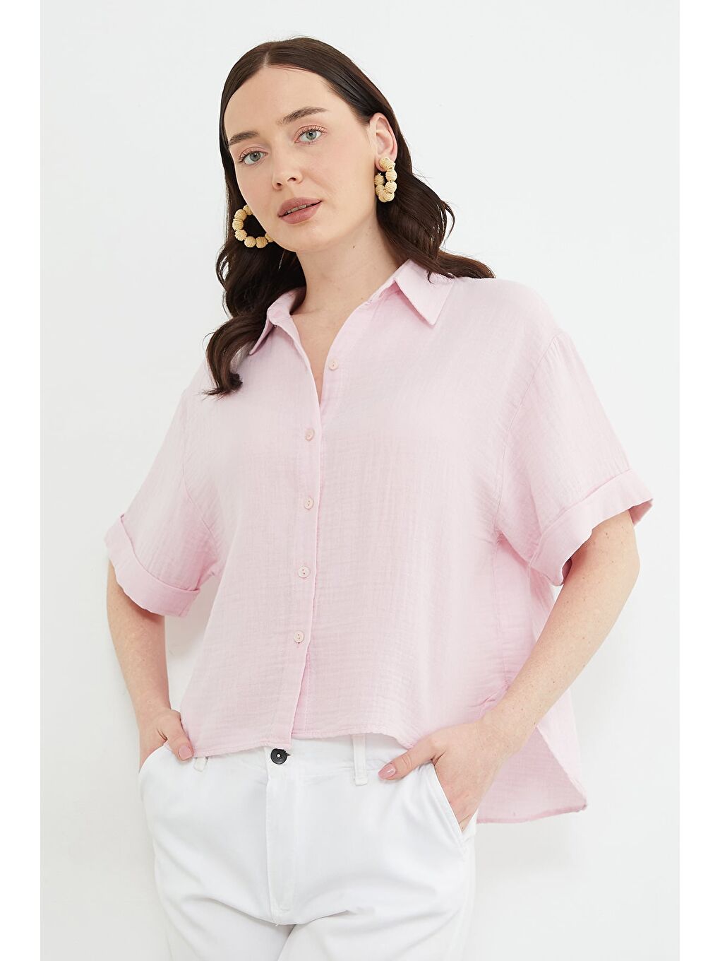 Pembe Basic Kolu Katlı Müslin Kumaş Salaş Gömlek-4