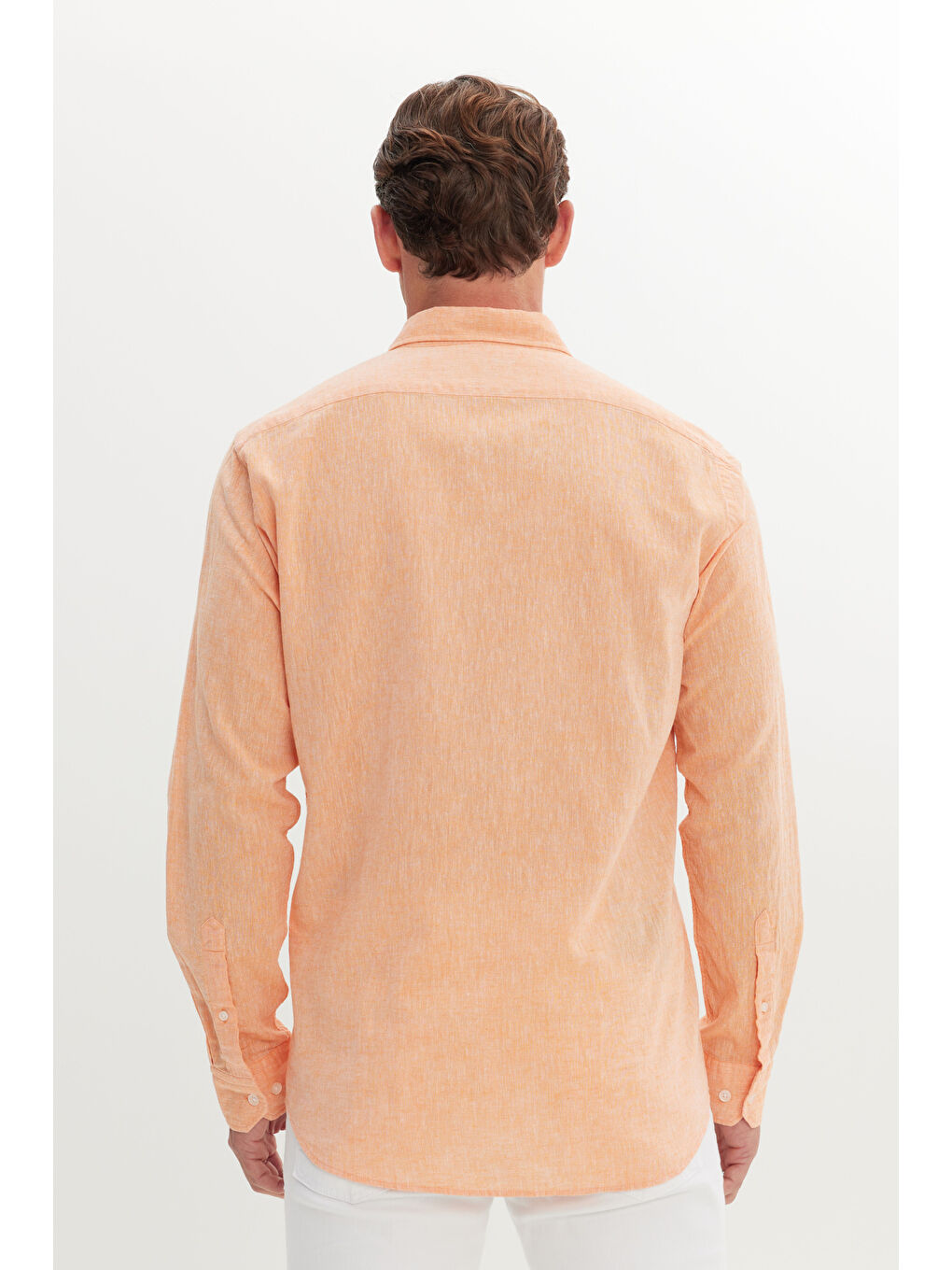 Erkek Turuncu Pamuklu Keten Comfort Fit Rahat Kesim Düğmeli Yaka Armürlü Gömlek-4