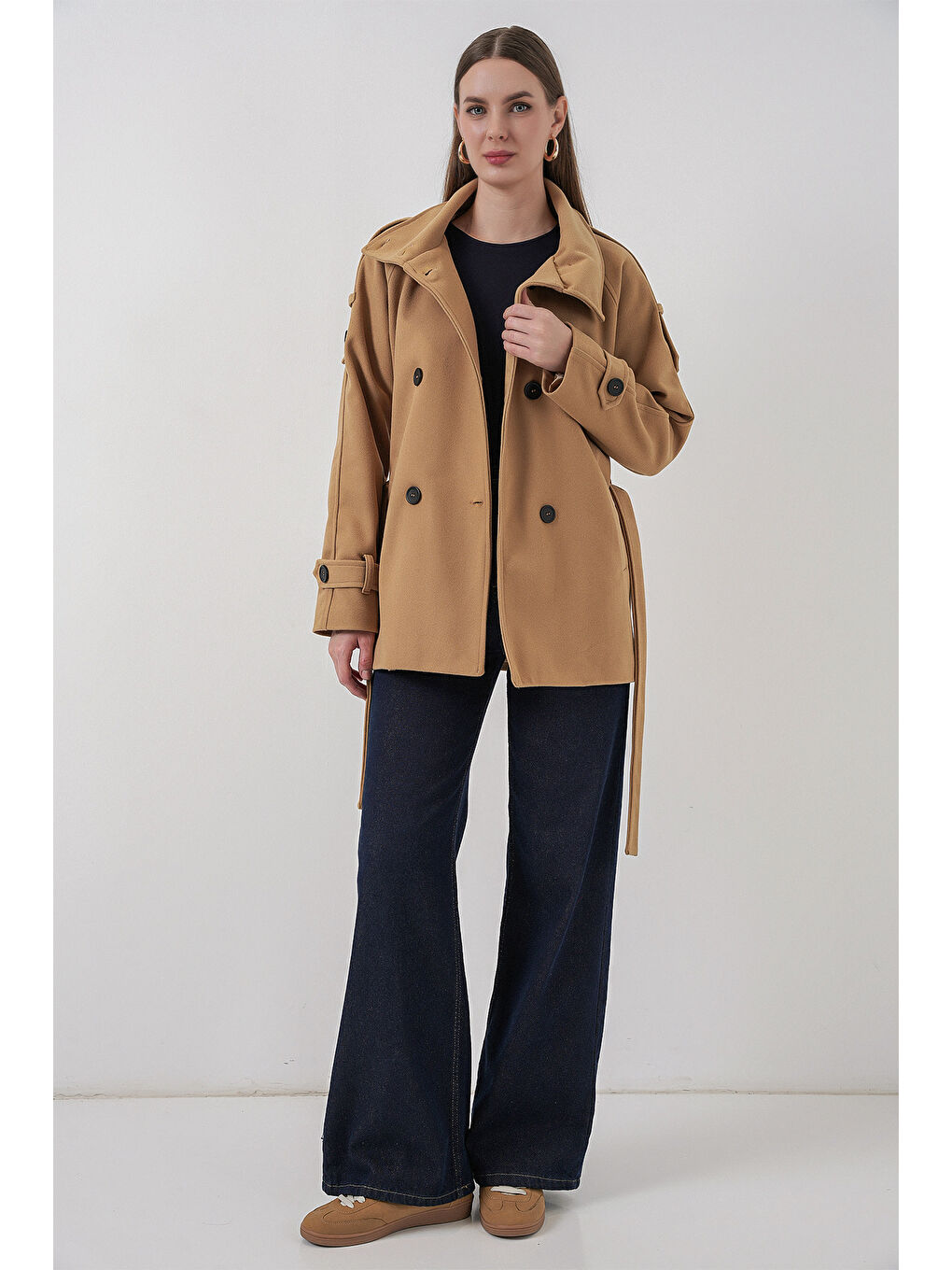 Sarı Kadın Kuşaklı Kaşe Kaban 9162 - Hardal-2