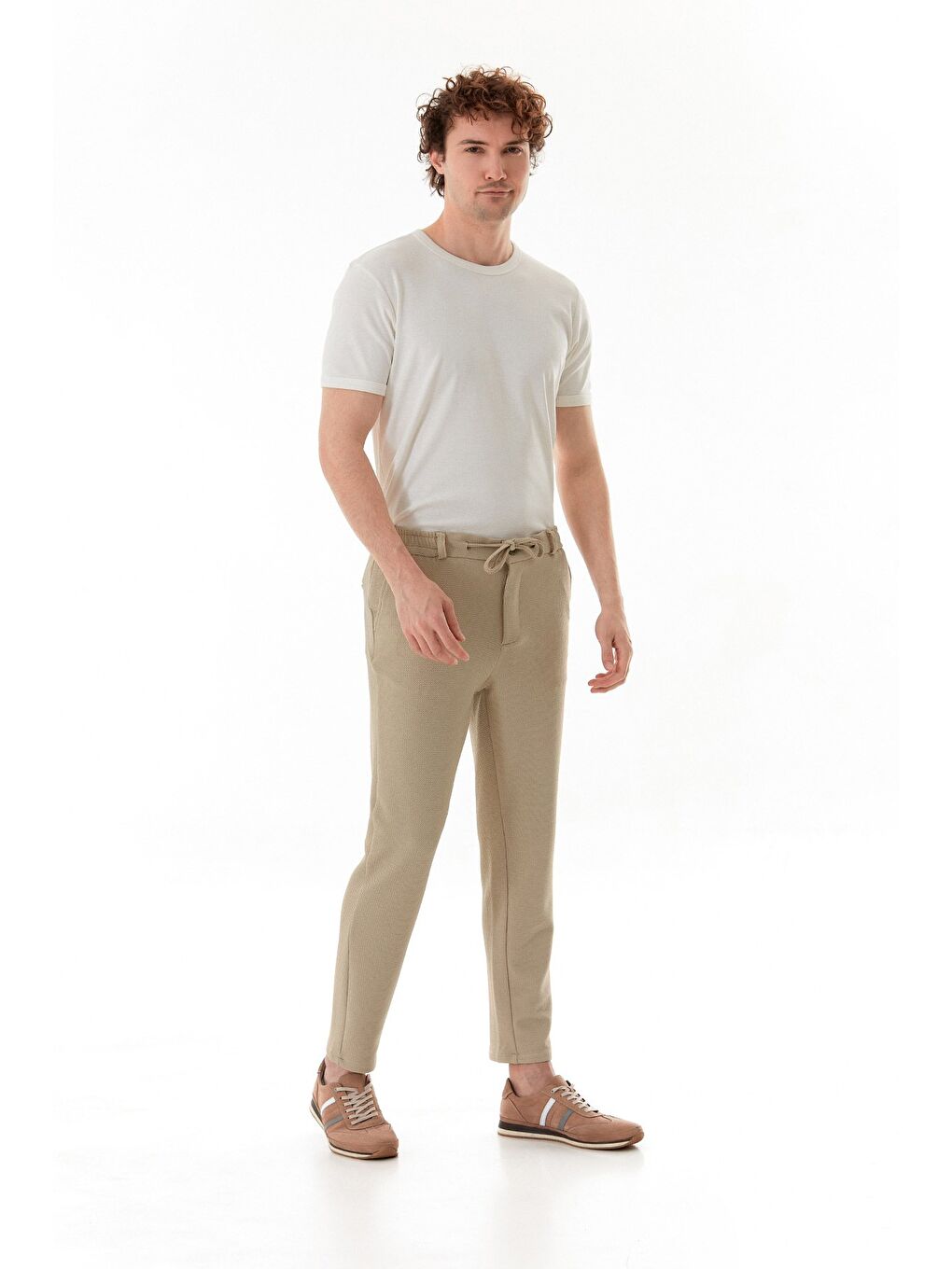 Bej Waffle Kumaş Beli Bağlamalı Jogger Pantolon-2