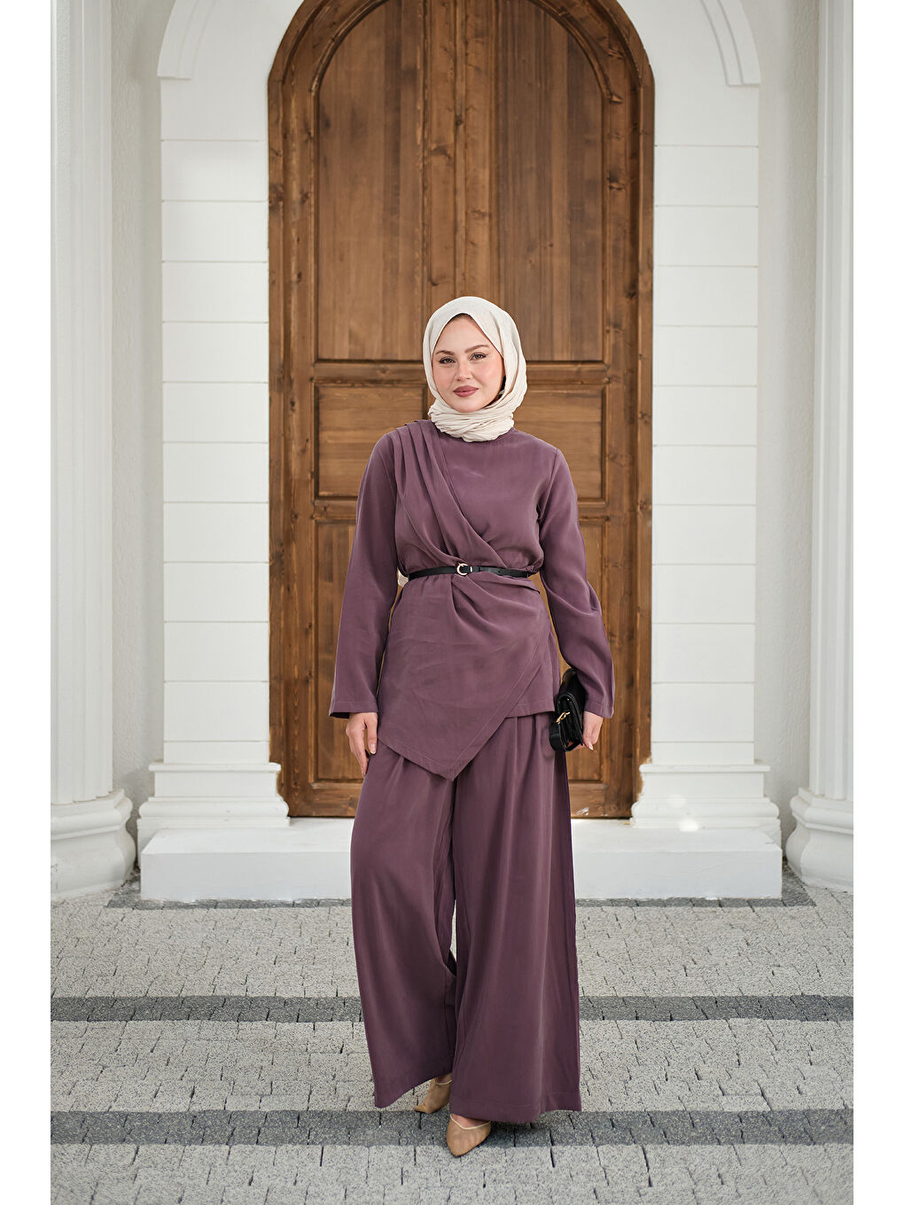 Kadın Yandan Dikişli Parça Detay Pantolonlu Takım Mürdüm-3