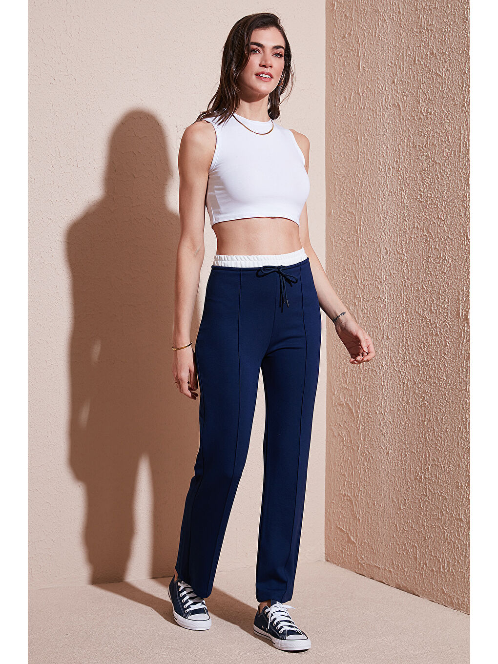 Lacivert Streç Slim Fit Yüksek Bel Geniş Paça Çimalı Kadın Eşofman Altı 5866078