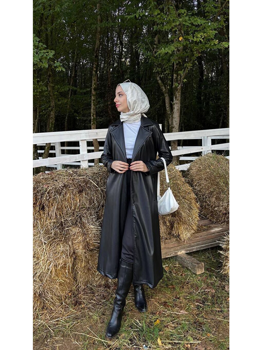 Siyah Kadın Belden Bağlamalı Balon Kol Deri Trenç-4