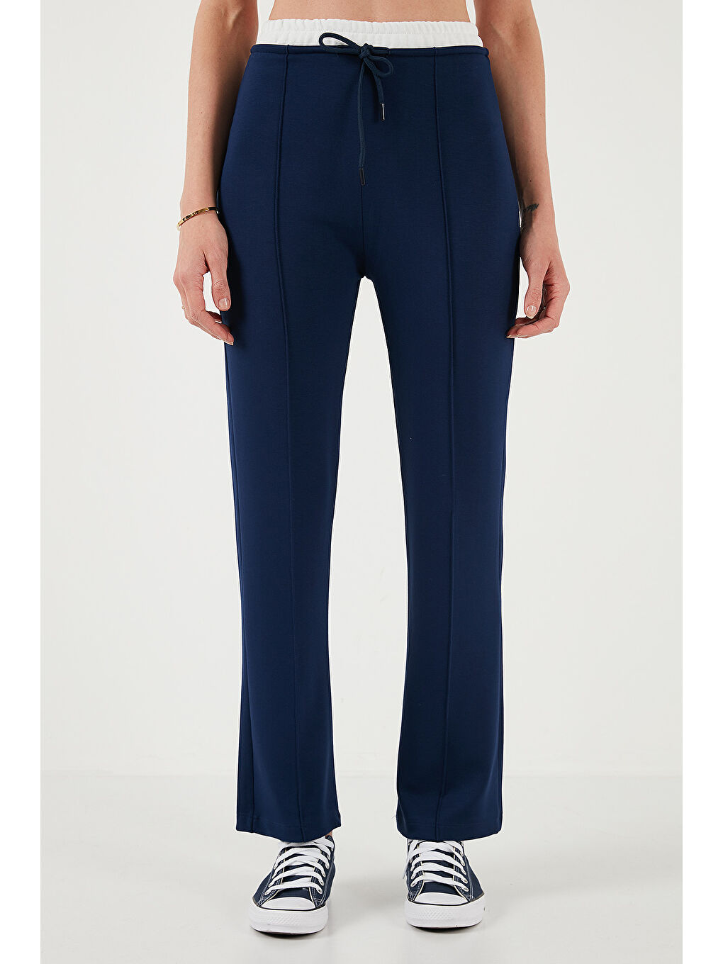 Lacivert Streç Slim Fit Yüksek Bel Geniş Paça Çimalı Kadın Eşofman Altı 5866078-1