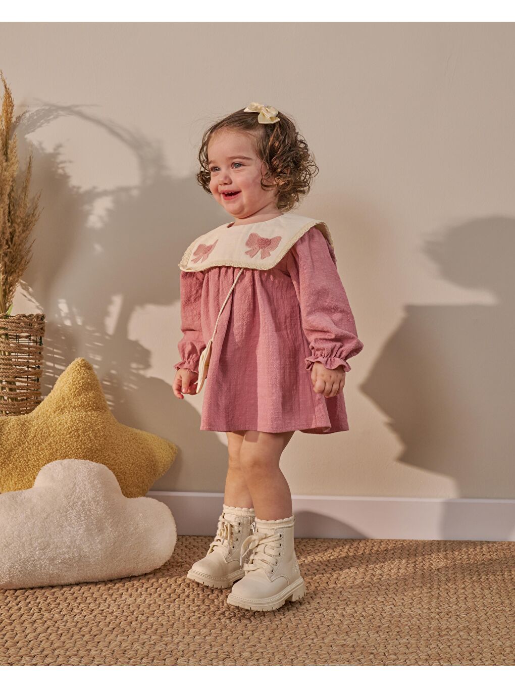Pembe Bebek Kız Gül Kurusu Yakalı Çantalı Elbise-3