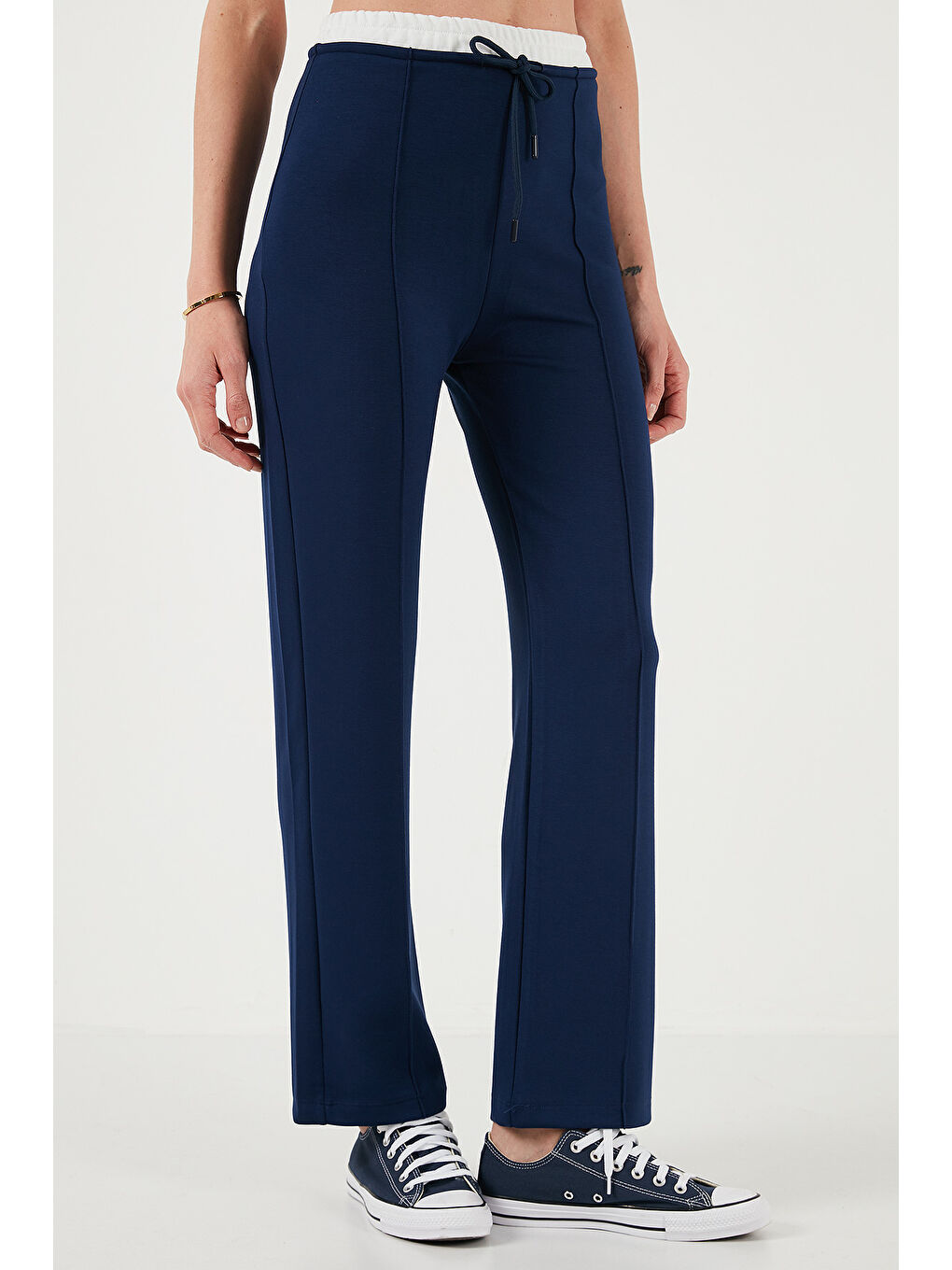 Lacivert Streç Slim Fit Yüksek Bel Geniş Paça Çimalı Kadın Eşofman Altı 5866078-2