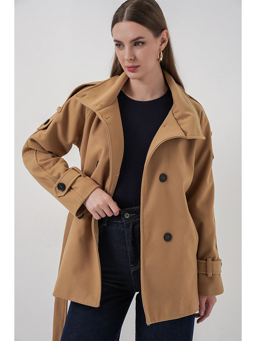 Sarı Kadın Kuşaklı Kaşe Kaban 9162 - Hardal-3