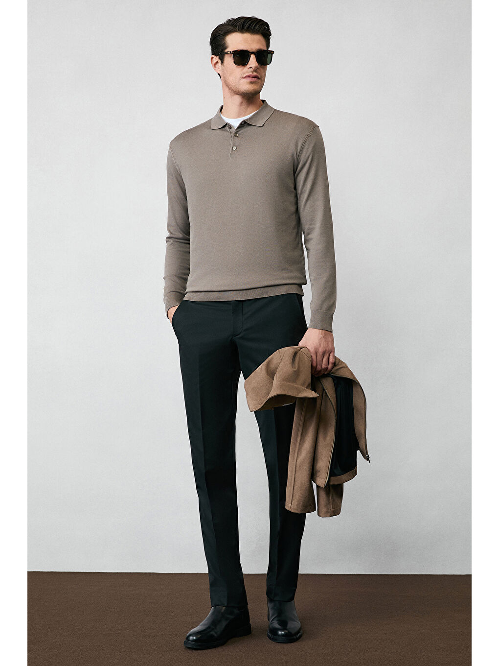 Bej Regular Fit Düğmeli Polo Yaka Triko Kazak-3