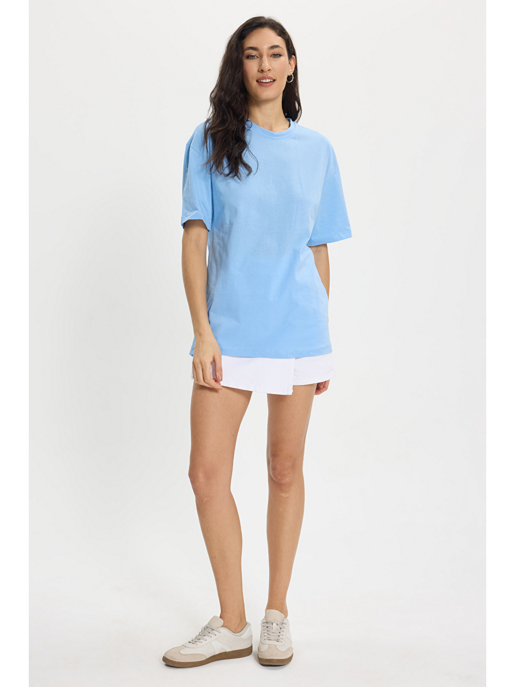 Kadın Slim Fit Dar Kesim %100 Pamuk Kısa Kollu Bisiklet Yaka Mavi Tişört-1