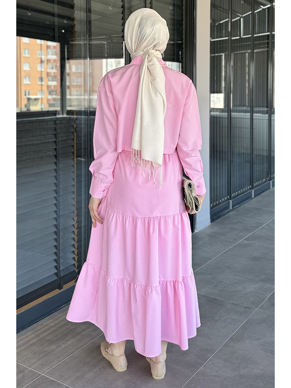 Pembe Kadın Bel Lastikli Pileli Katlı Tesettür Etek-6