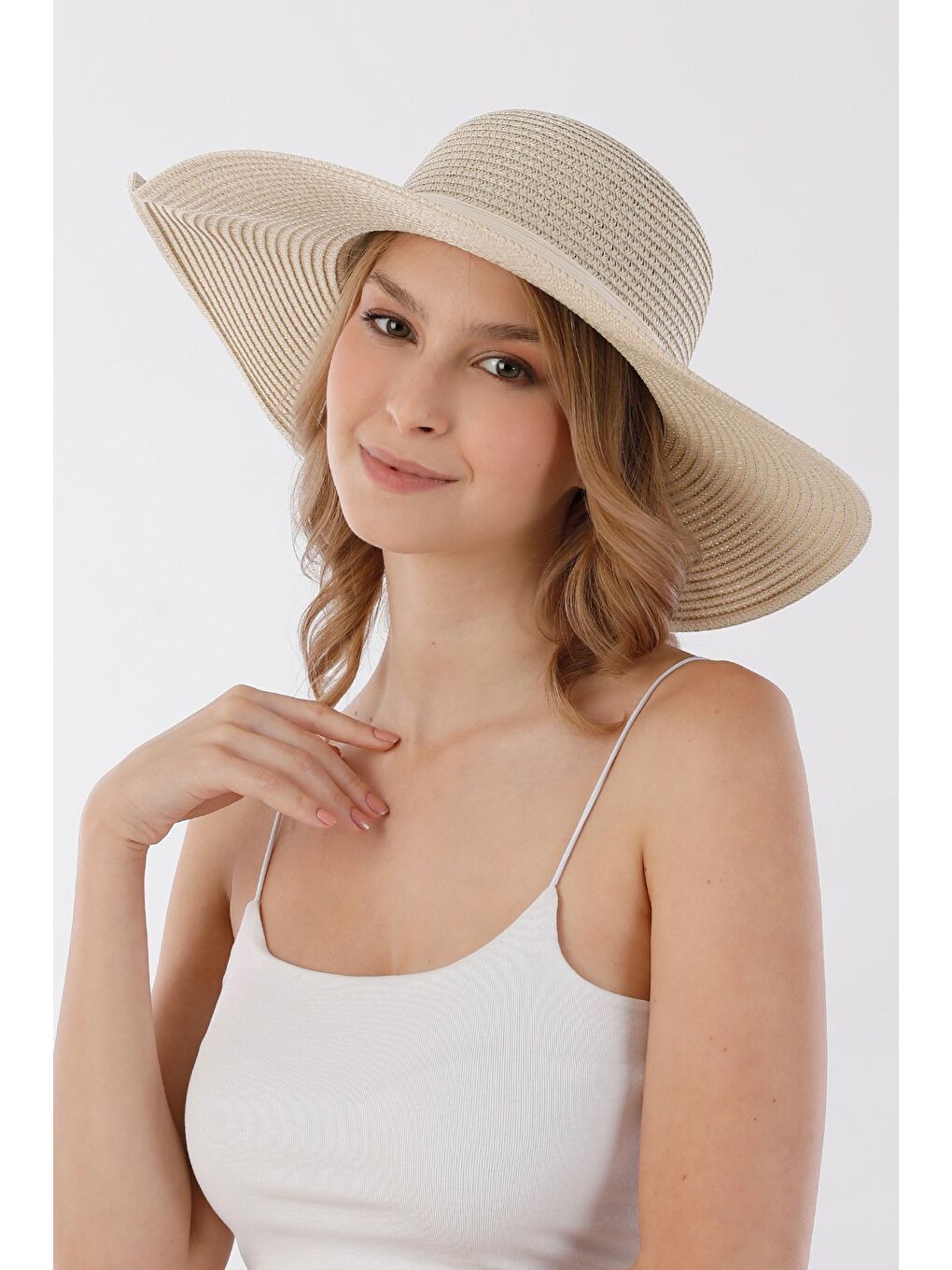 Bej Boncuklu Hasır Şapka-2