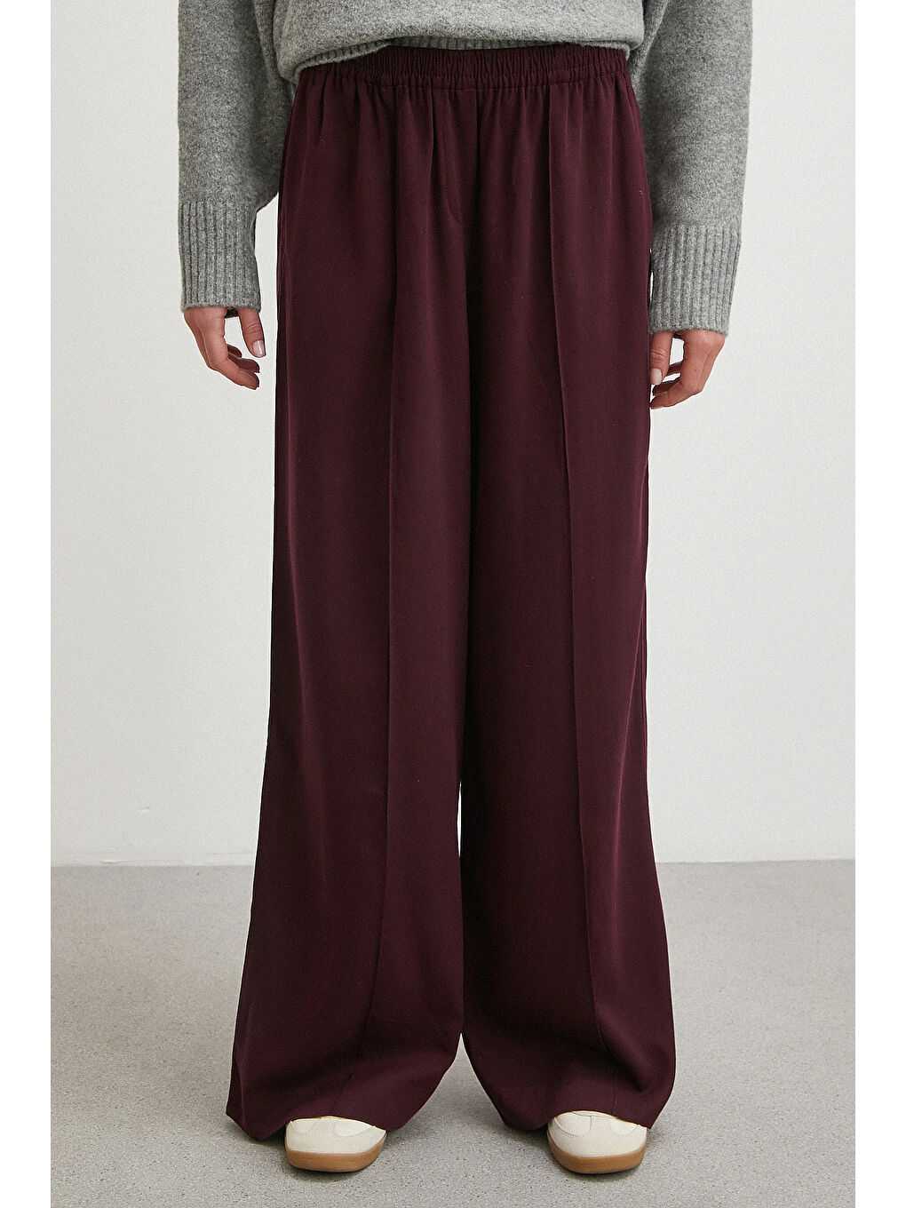 Çizgi Detaylı Geniş Paça Beli Lastikli Pantolon Bordo-3