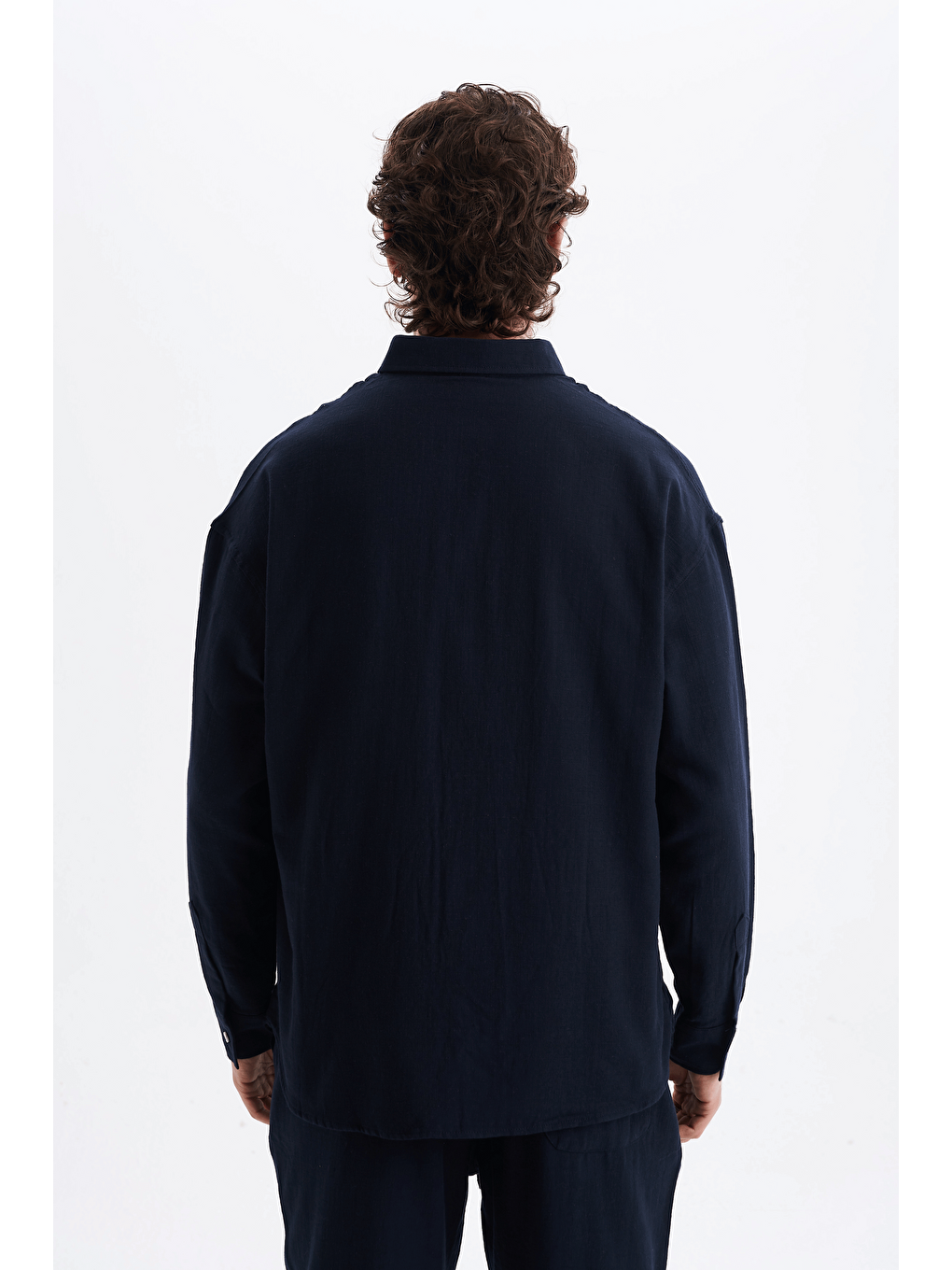 Erkek %100 Pamuklu Keten Görünümlü Pantolon Gömlek Takım Lacivert-5