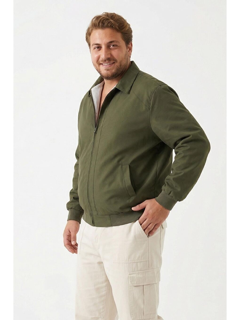 Haki Erkek Dik Yaka Fermuarlı Basic Bomber Mont Ceket-1