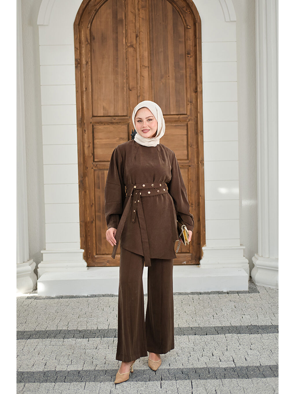 Kadın Gold Çıtçıt Kemerli Pantolonlu Takım Kahverengi-1