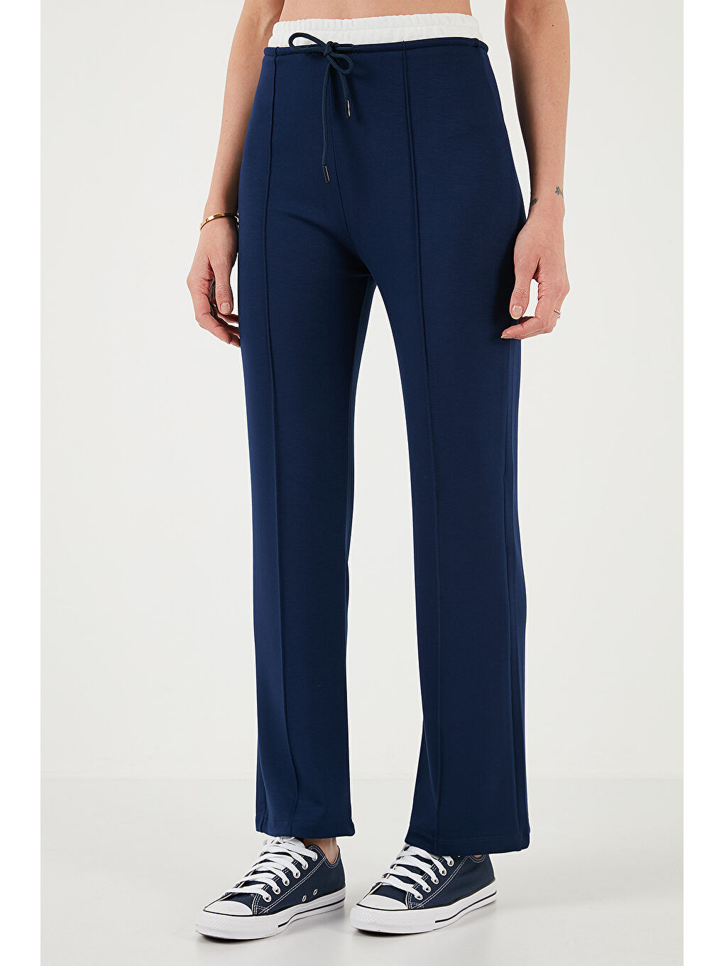 Lacivert Streç Slim Fit Yüksek Bel Geniş Paça Çimalı Kadın Eşofman Altı 5866078-4