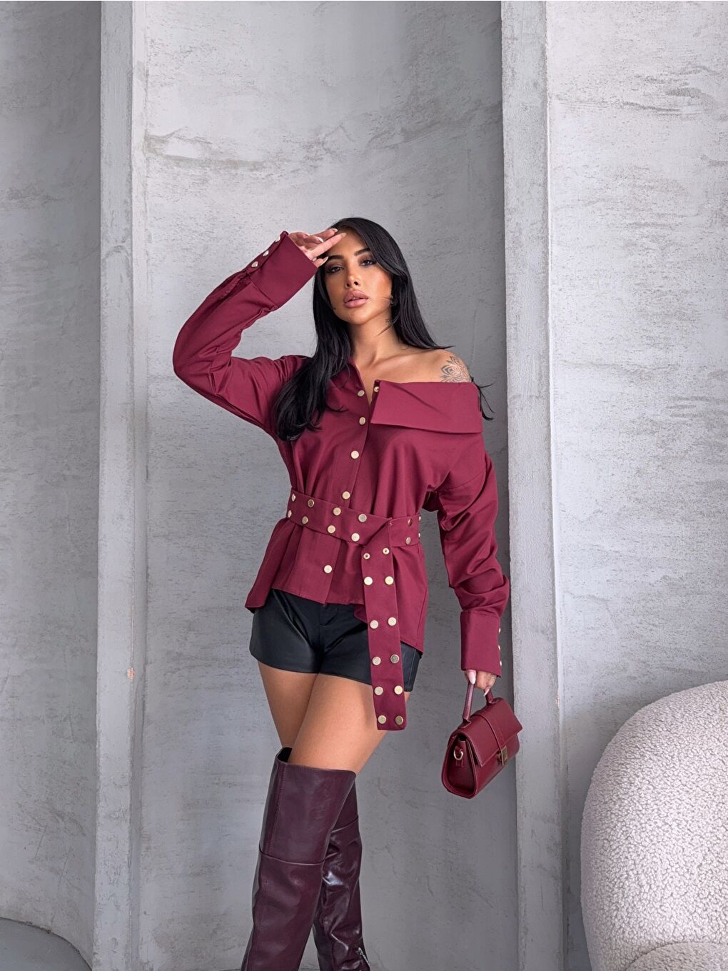 Çıtçıtlı Kemerli Bordo Gömlek-2