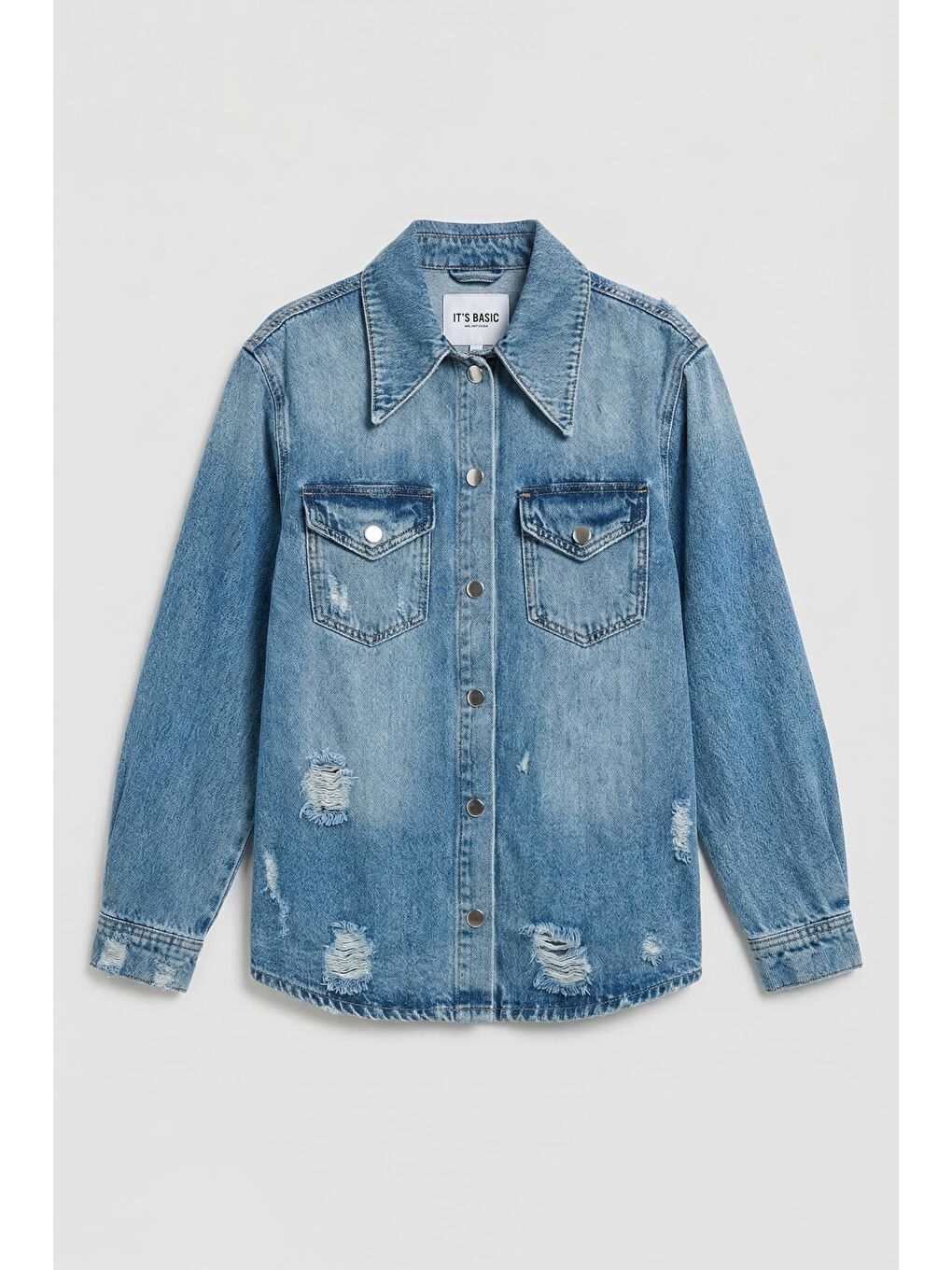 Kadın Mavi 12s6-4 Yırtık Detaylı Denim Gömlek-1