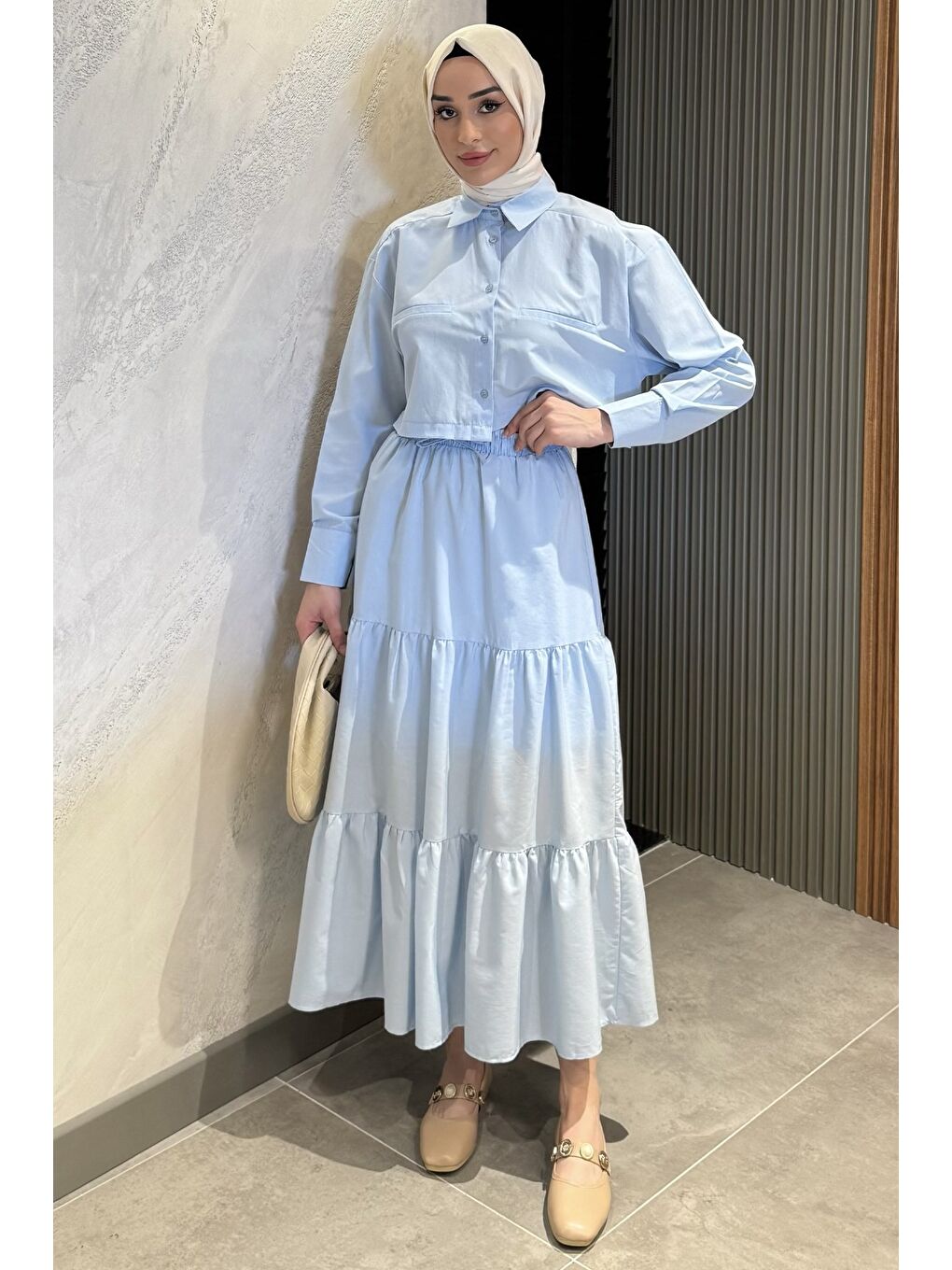 Mavi Kadın Bel Lastikli Pileli Katlı Tesettür Etek-1