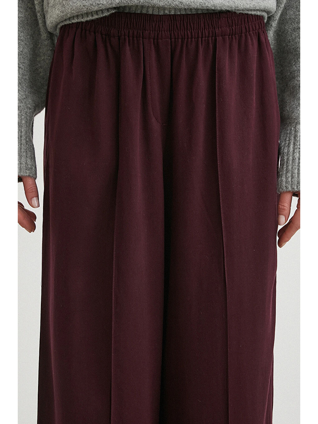 Çizgi Detaylı Geniş Paça Beli Lastikli Pantolon Bordo-4