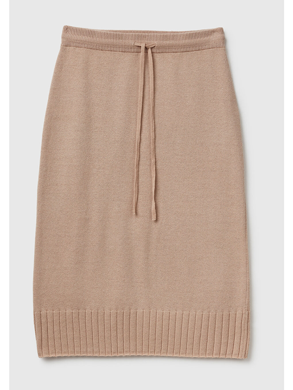 Kadın Bej Pamuk ve Yün Karışımlı Ribana Detaylı Bağcıklı Örme Etek-1