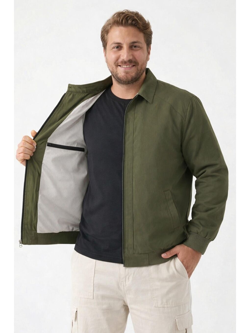 Haki Erkek Dik Yaka Fermuarlı Basic Bomber Mont Ceket-2