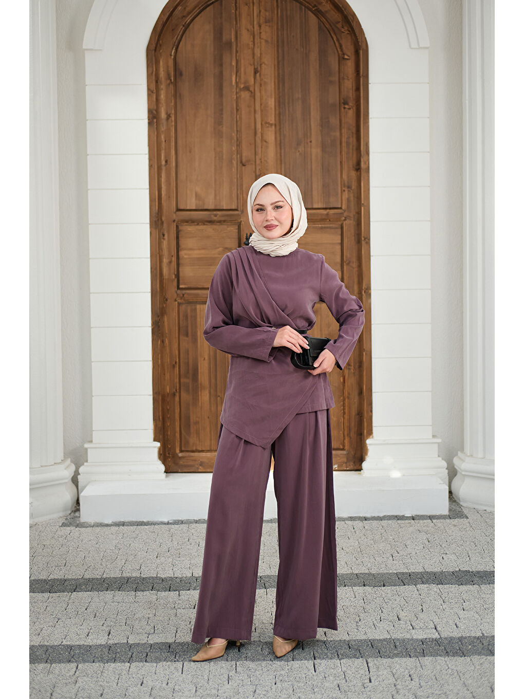 Kadın Yandan Dikişli Parça Detay Pantolonlu Takım Mürdüm-4