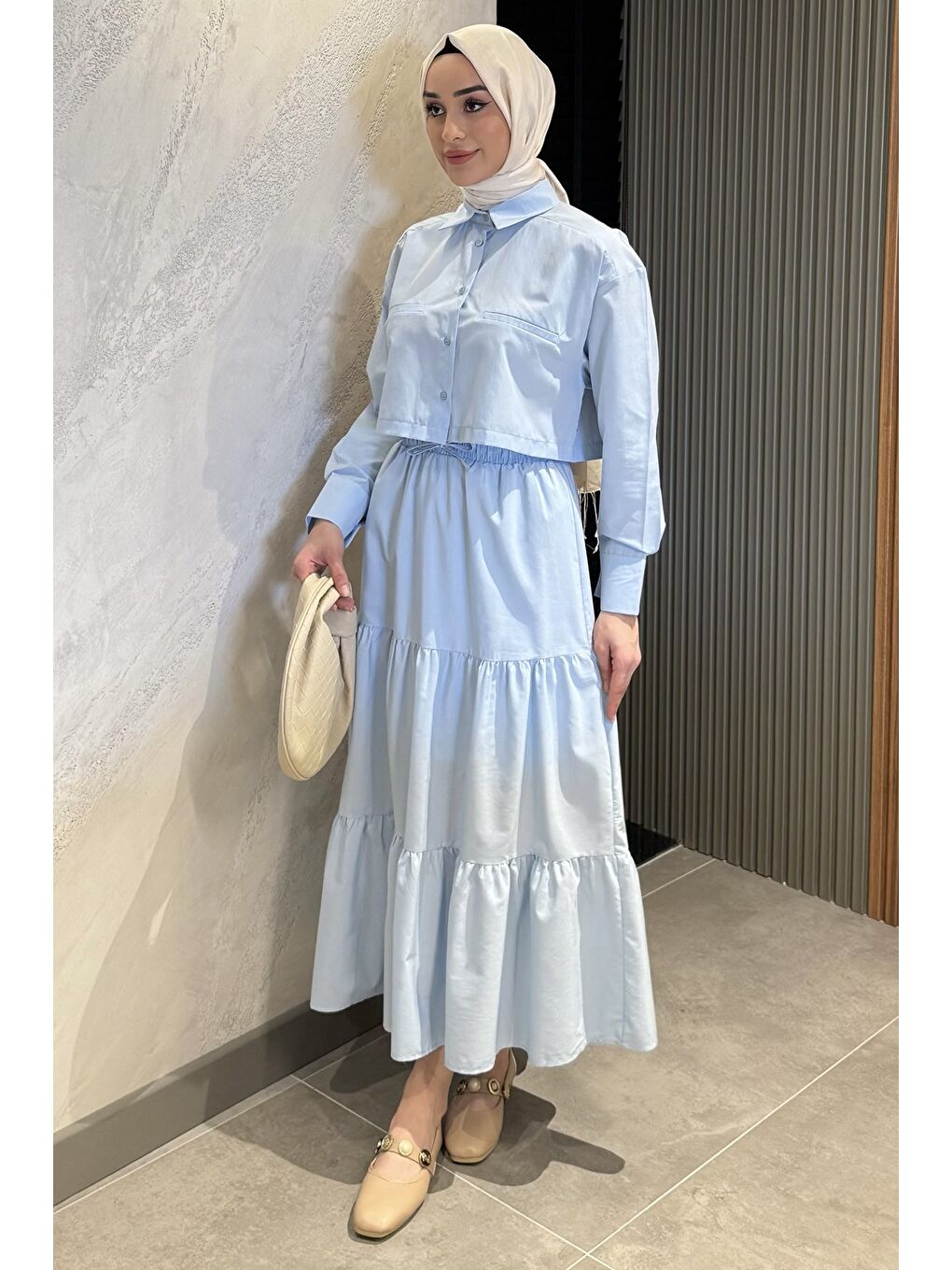 Mavi Kadın Bel Lastikli Pileli Katlı Tesettür Etek-2