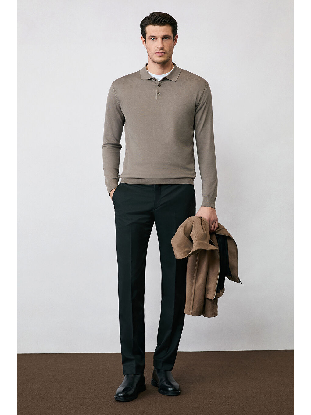 Bej Regular Fit Düğmeli Polo Yaka Triko Kazak-4