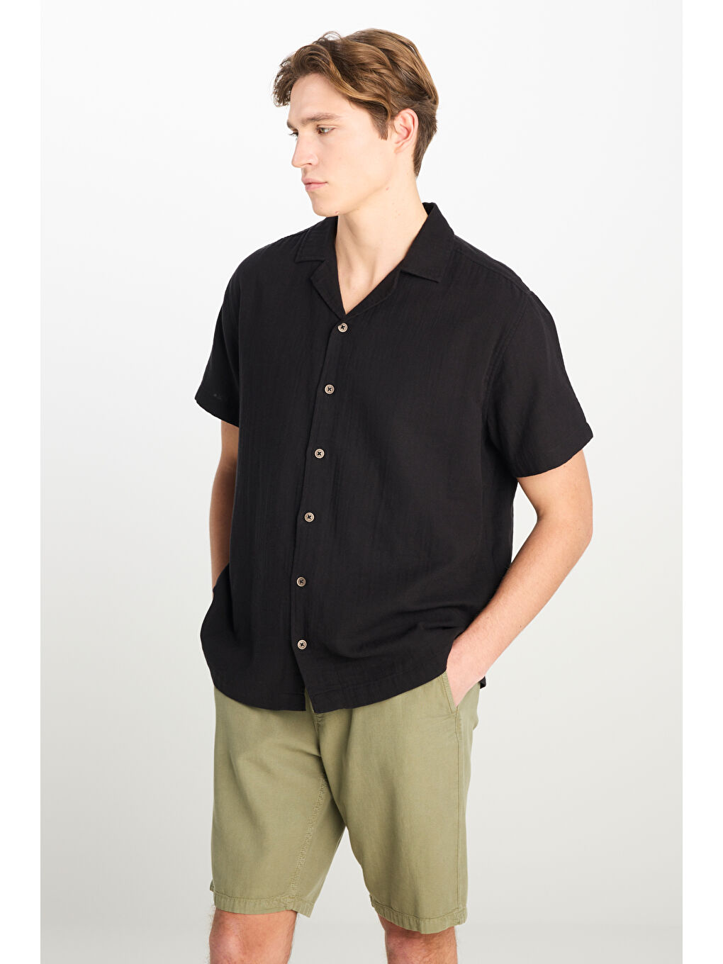 %100 Pamuk Relaxed Fit Geniş Kesim Siyah Müslin Gömlek-2