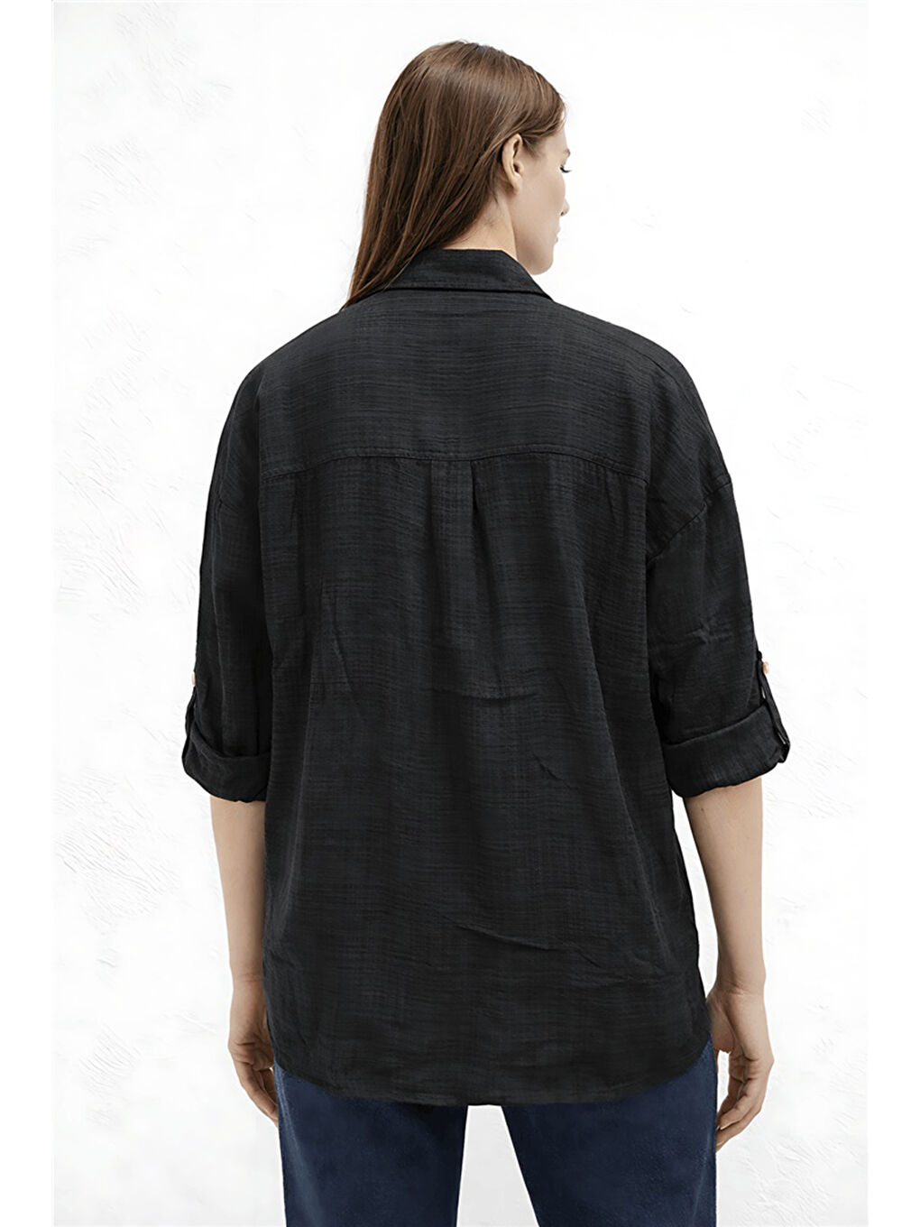 Siyah Pamuklu Rahat Kalıp Uzun Kollu Kadın Gömlek 26Y0245K1-3