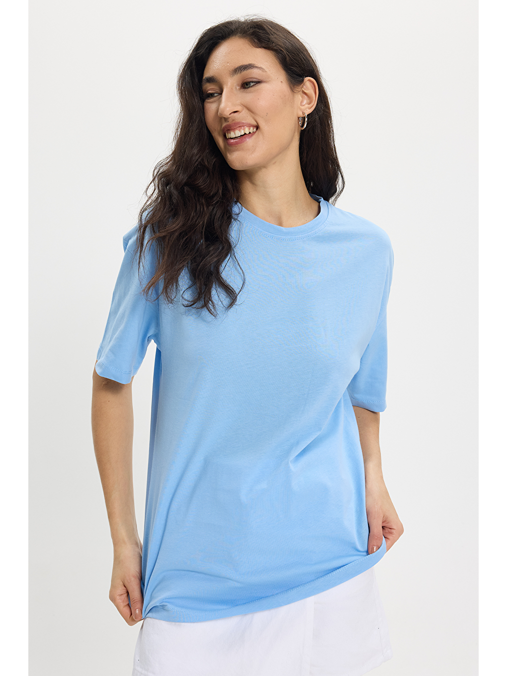 Kadın Slim Fit Dar Kesim %100 Pamuk Kısa Kollu Bisiklet Yaka Mavi Tişört-2