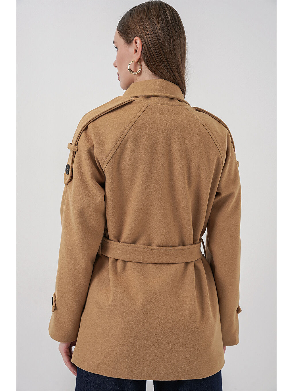 Sarı Kadın Kuşaklı Kaşe Kaban 9162 - Hardal-5