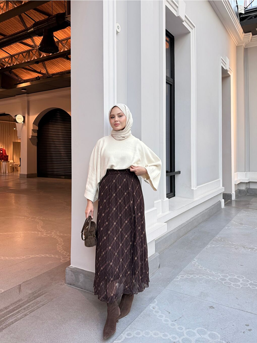 Kadın Ekose Desen Bel Lastik Detay Şifon Etek Kahverengi