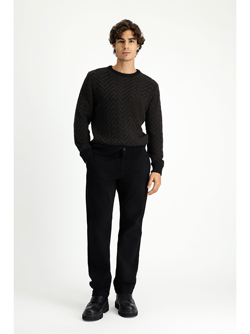 Kahverengi Bisiklet Yaka Oversize Ekstra Rahat Kesim Pamuklu Desenli Triko Kazak-1