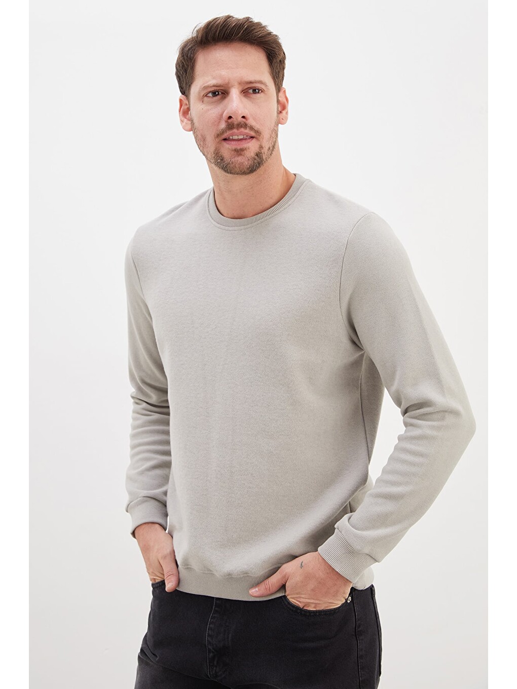Gri Fitilli Bisiklet Yaka Selanik Örgü Sweatshirt-1
