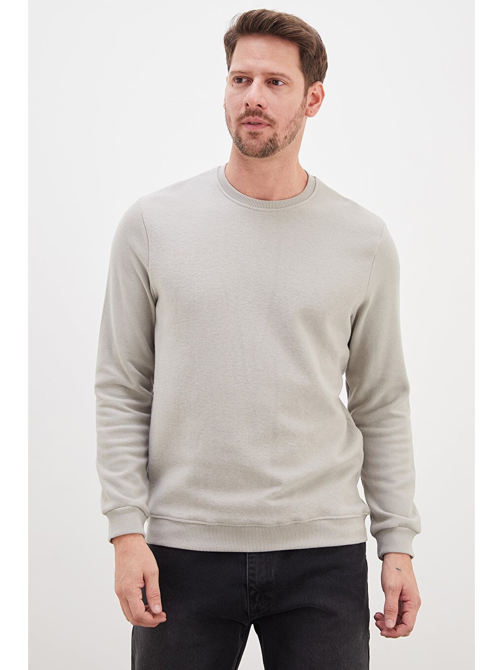 Gri Fitilli Bisiklet Yaka Selanik Örgü Sweatshirt-2