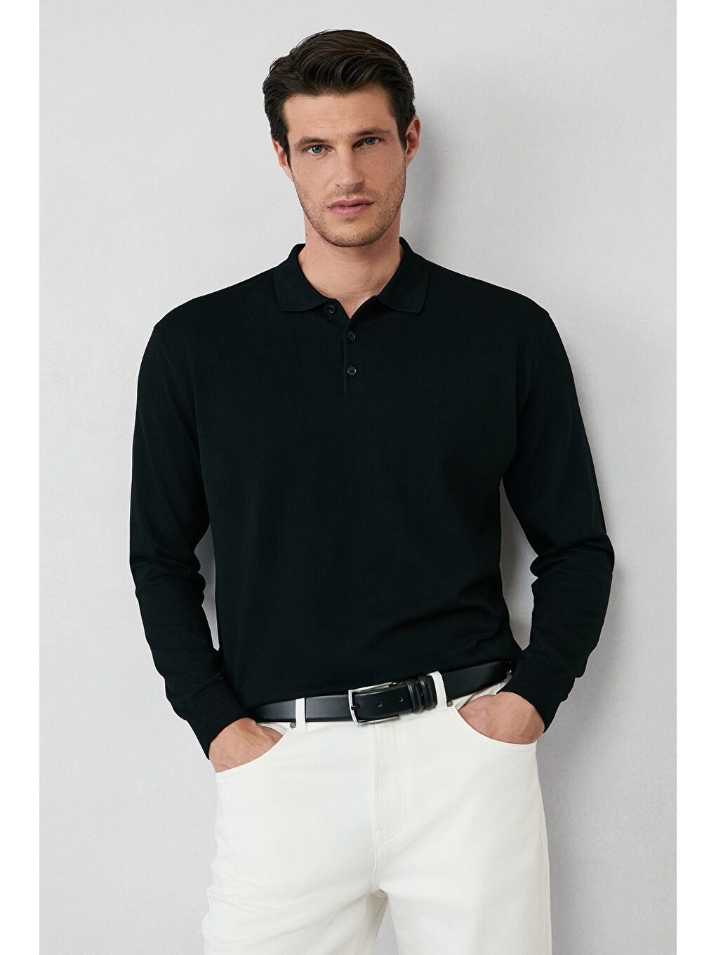 Siyah Regular Fit Düğmeli Polo Yaka Triko Kazak-1