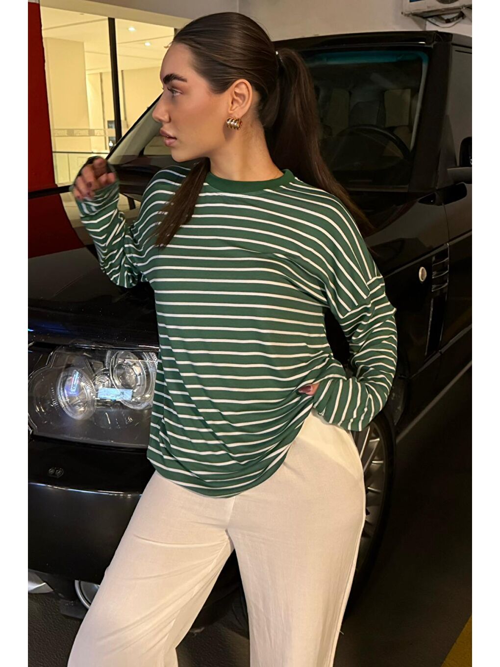 Yeşil Çizgili Sweatshirt Mg2572