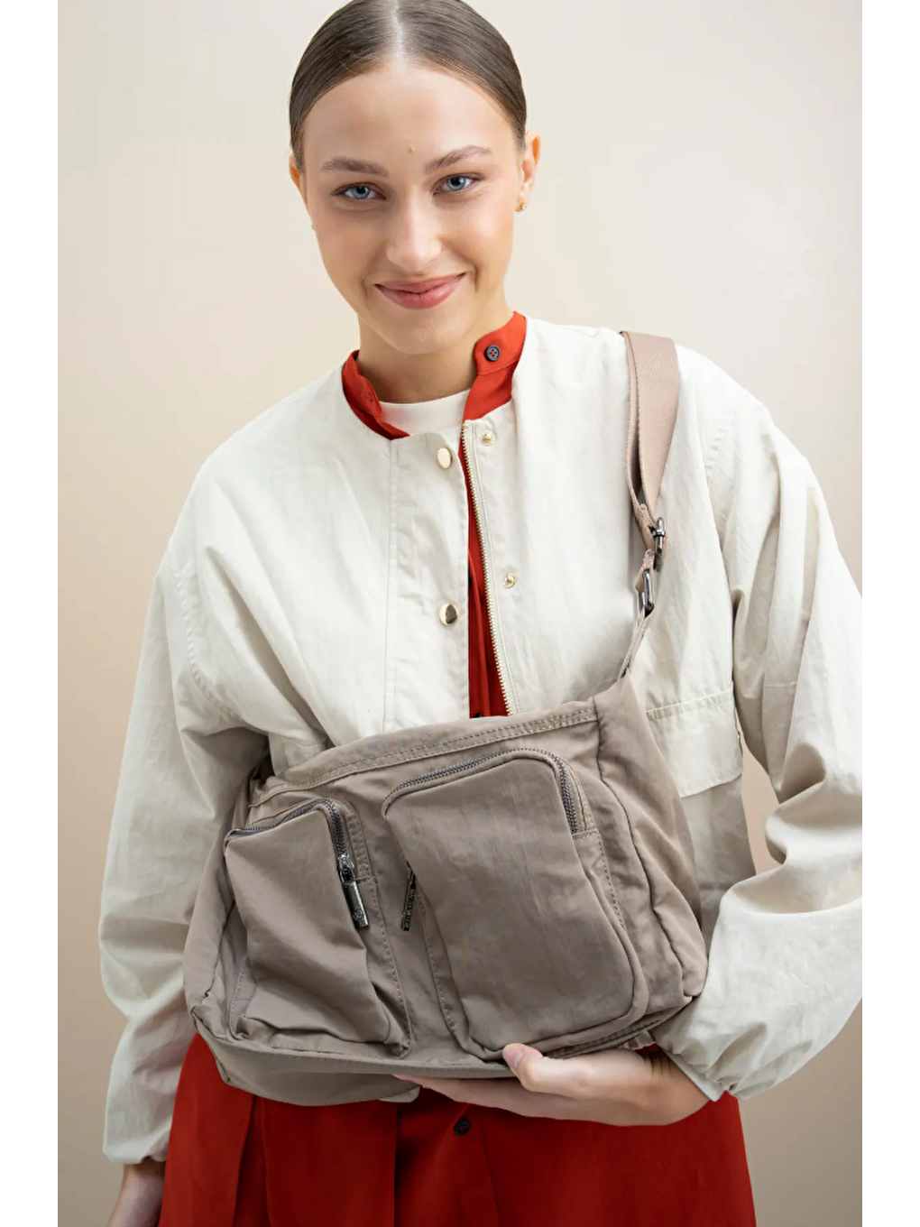 Bej Çift Gözlü Çapraz Askılı Kadın Çanta BYN2329