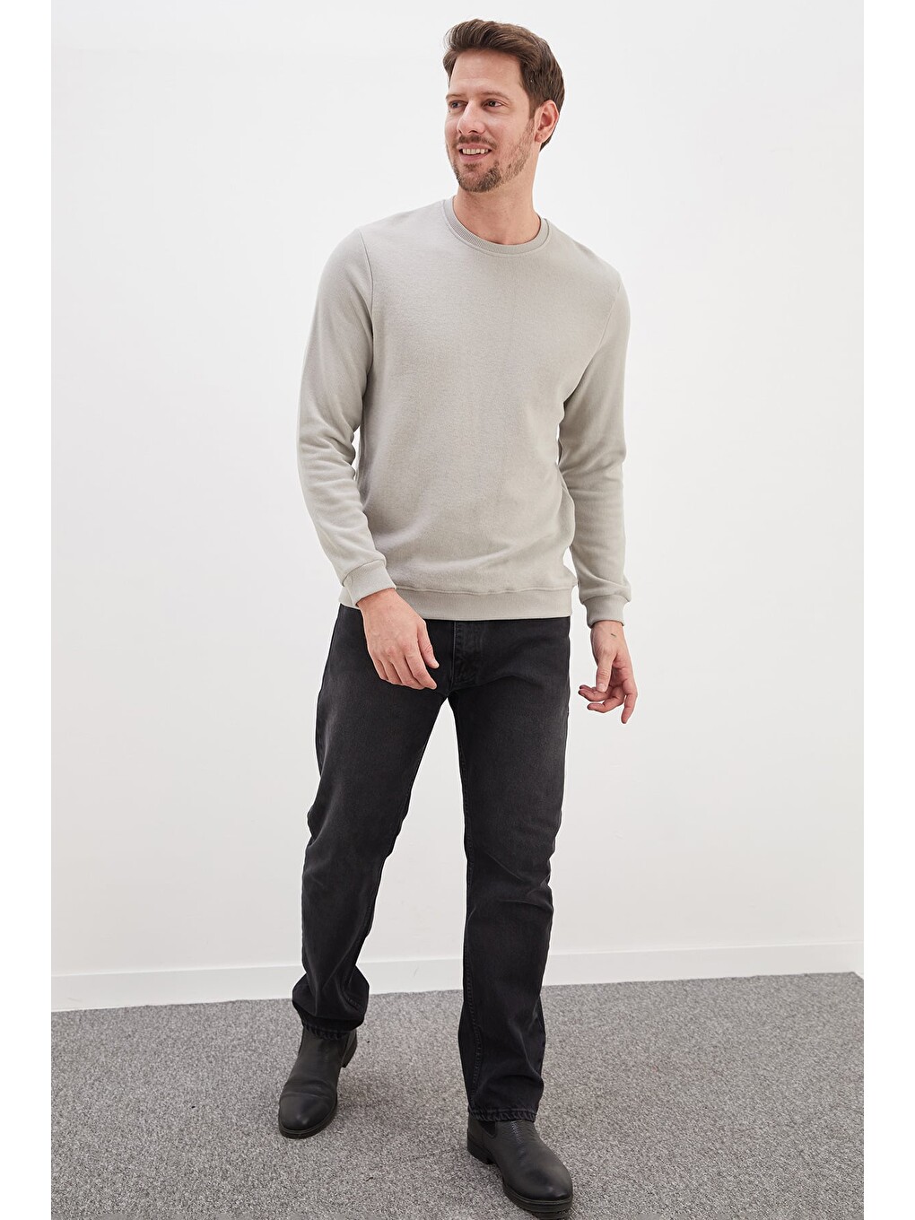 Gri Fitilli Bisiklet Yaka Selanik Örgü Sweatshirt-3